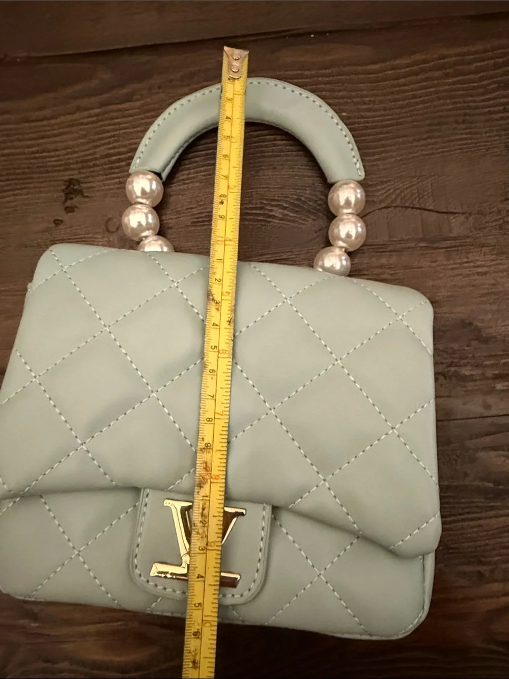 Quilted Kids Top-Handle Bag in Light Blue with Pearl Accent Handle